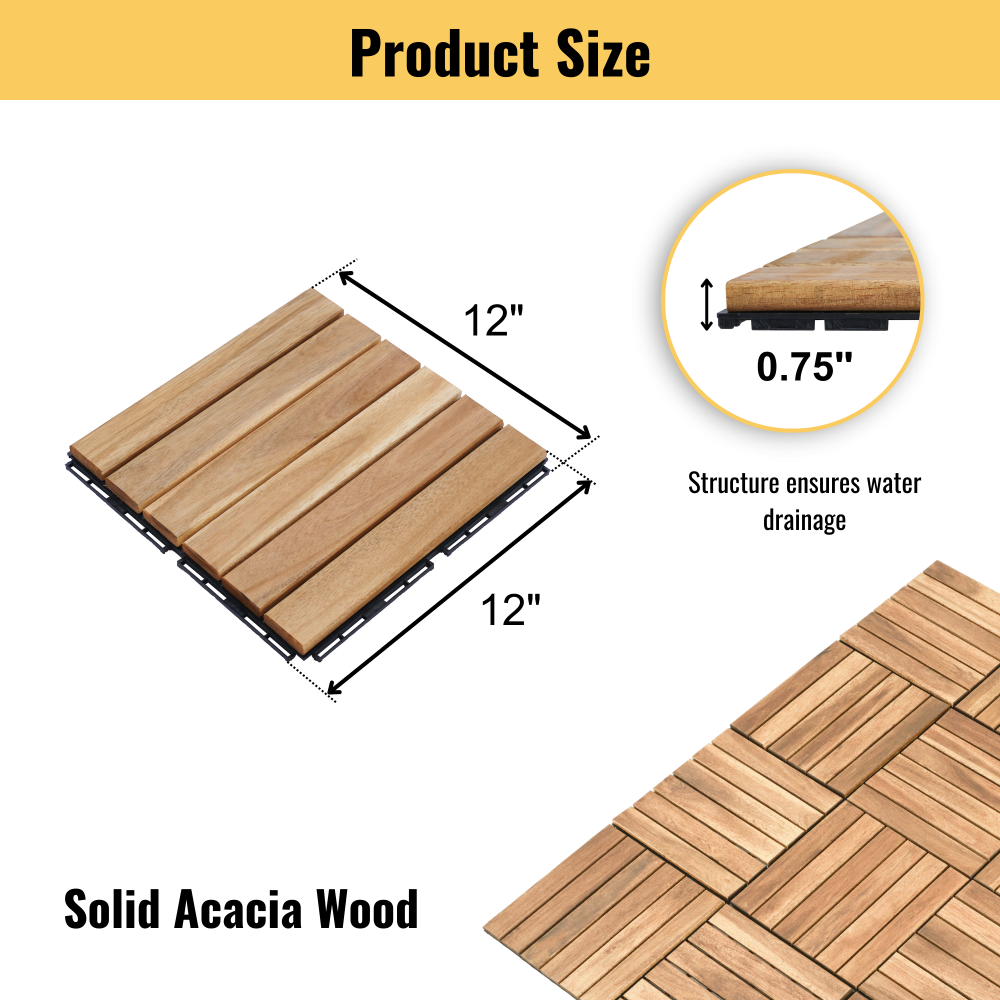 10 PCS Interlocking Deck Tiles Striped Pattern, 12" x 12" Square Yellow Acacia Hardwood Outdoor Flooring for Patio, Bancony, Pool Side,...