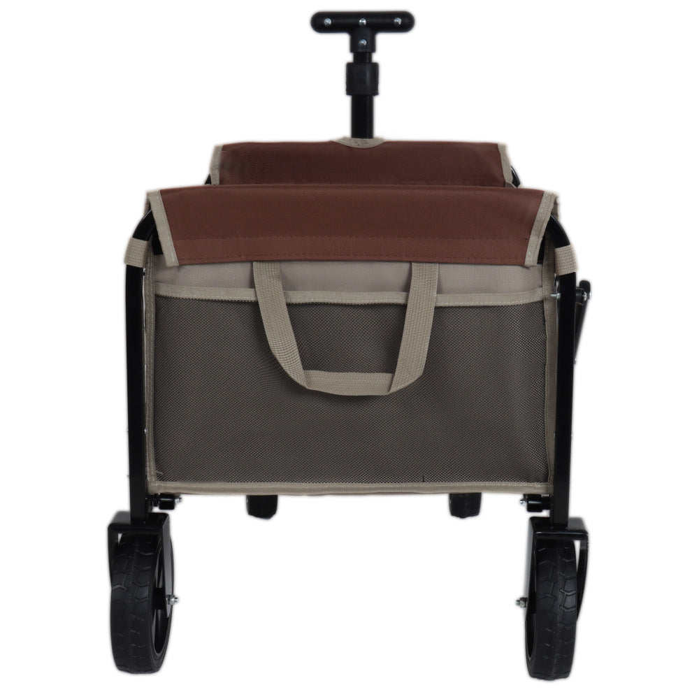 All-in-One Convertible Folding Camping Wagon Cart: Bench Seat, Storage Compartment & Included Dog Tether, Beige/Brown