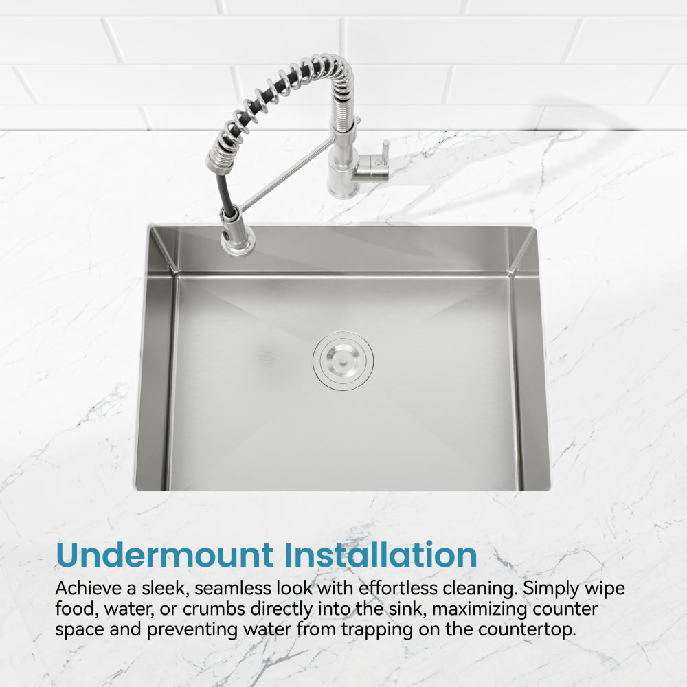Stainless Steel Kitchen Sink, 27″x19″ Single Bowl, Undermount Handmade Sink in Brushed Nickel, with US Standard Drain and Hook, LS-SSBR06