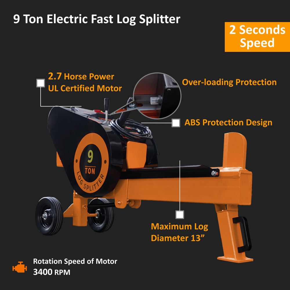 9 Ton Household Electric Powered 2.7HP Movable Horizontal Automatic Return Firewood Splitting Machine Fast Wood Splitter Fast Log Splitter for toughest wood