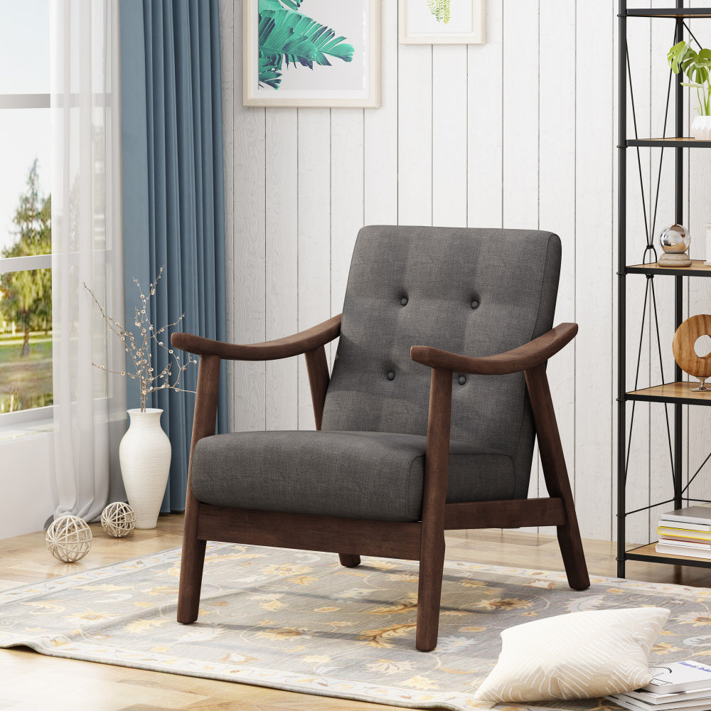 Mid-Century Modern Accent Chair, Tufted Armchair with Beige Upholstery and Brown Frame, 1-Piece