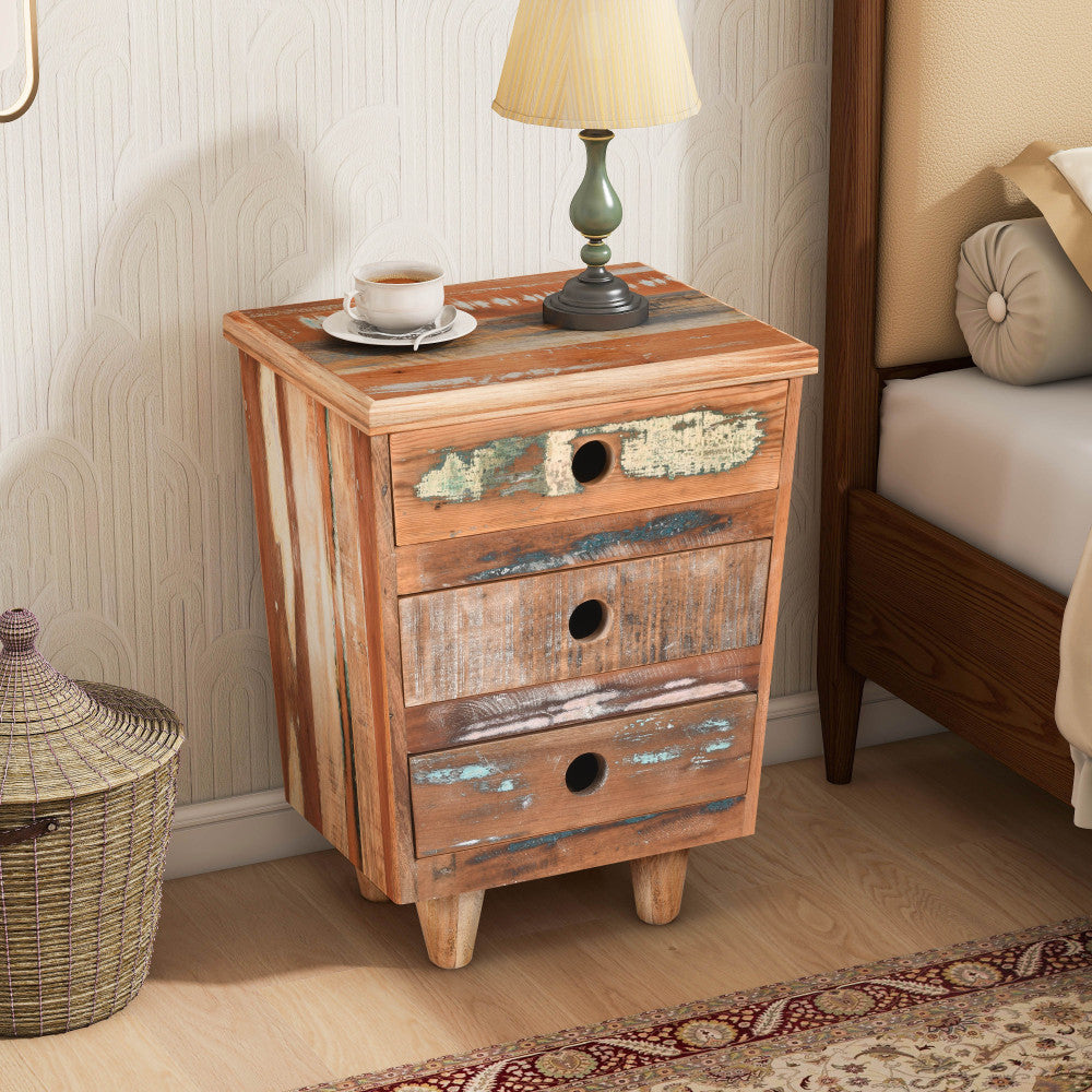 End Table Recycled Wood Nightstand, Side Table with 3 Drawers,  Vintage Natural Bedside Table for Bedroom Living Room