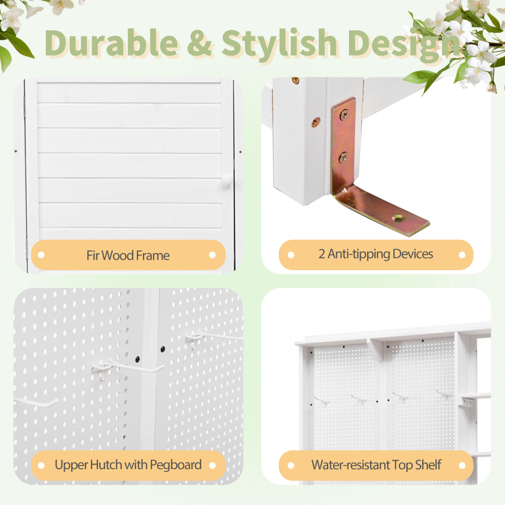 [Assembly Video] TOPMAX Fir Wood Potting Bench with Hutch, Garden Workstation for Planting, 4 Shelves & Adjustable Storage, Pegboard with Hooks, 50.2''Countertop, Drawer & Cabinet, White