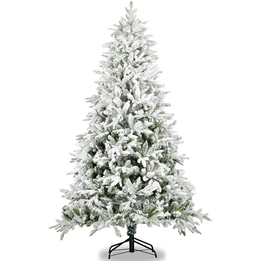 Snow Flocked Christmas Tree 7ft Artificial Hinged Pine Tree with White Realistic Tips Unlit