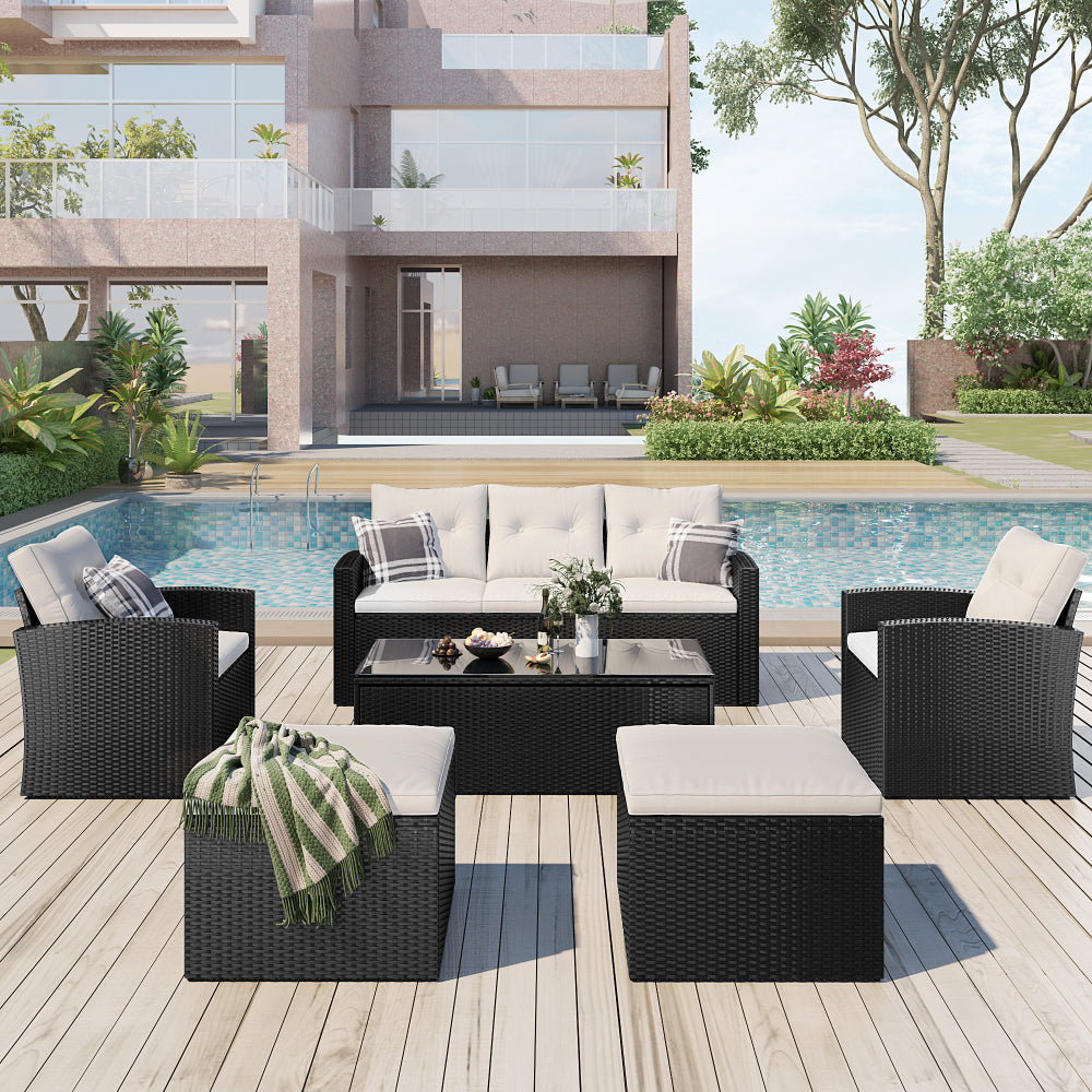 [OLD SKU FG201201AAA] 6-piece All-Weather Wicker PE rattan Patio Outdoor Dining Conversation Sectional Set with coffee table, wicker sofas, ottomans, removable cushions (Black wicker, Beige cushion)