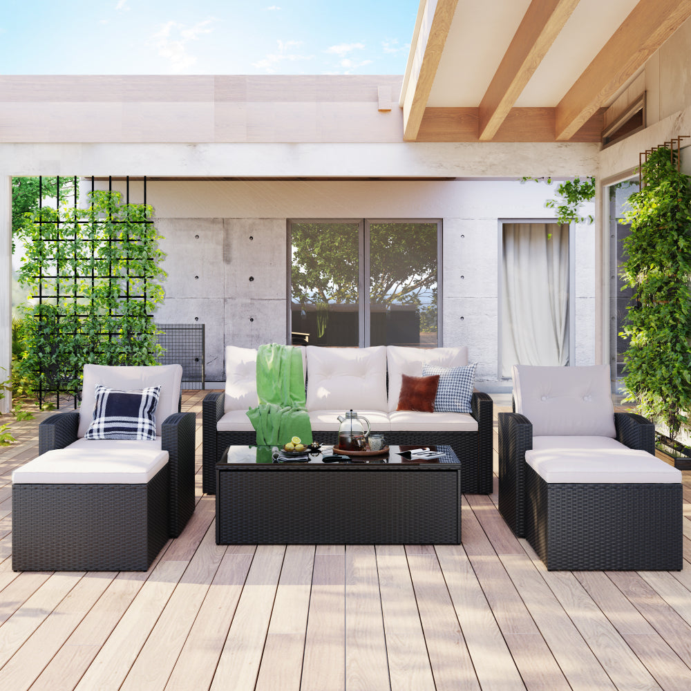 [OLD SKU FG201201AAA] 6-piece All-Weather Wicker PE rattan Patio Outdoor Dining Conversation Sectional Set with coffee table, wicker sofas, ottomans, removable cushions (Black wicker, Beige cushion)