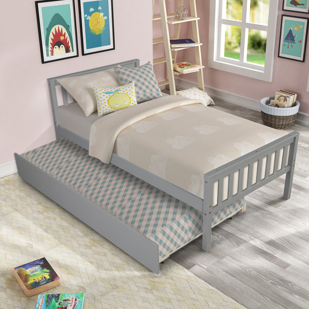 Twin Bed with Trundle, Platform Bed Frame with Headboard and Footboard, for Bedroom Small Living Space,No Box Spring Needed,White(New SKU:W504P148532)