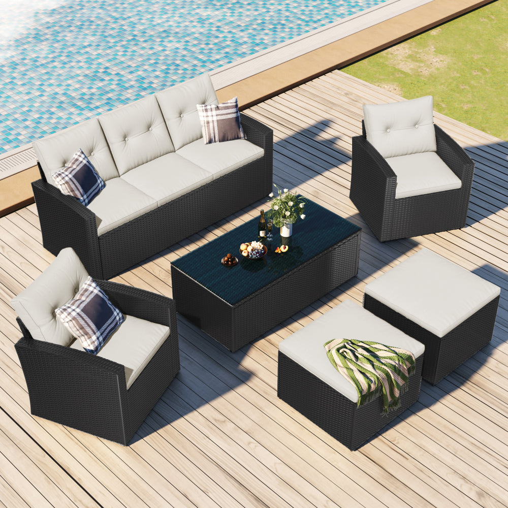 [OLD SKU FG201201AAA] 6-piece All-Weather Wicker PE rattan Patio Outdoor Dining Conversation Sectional Set with coffee table, wicker sofas, ottomans, removable cushions (Black wicker, Beige cushion)