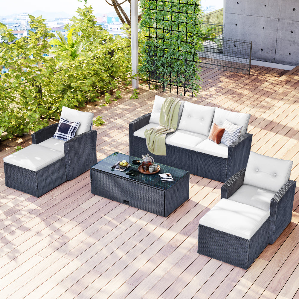 [OLD SKU FG201201AAA] 6-piece All-Weather Wicker PE rattan Patio Outdoor Dining Conversation Sectional Set with coffee table, wicker sofas, ottomans, removable cushions (Black wicker, Beige cushion)