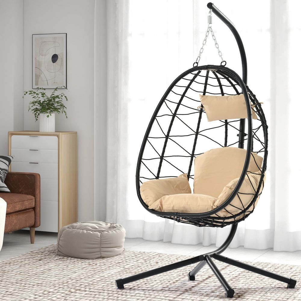 Egg Chair with Stand Indoor Outdoor Swing Chair Patio Wicker Hanging Egg Chair Hanging Basket Chair Hammock Chair with Stand for Bedroom Living Room Balcony