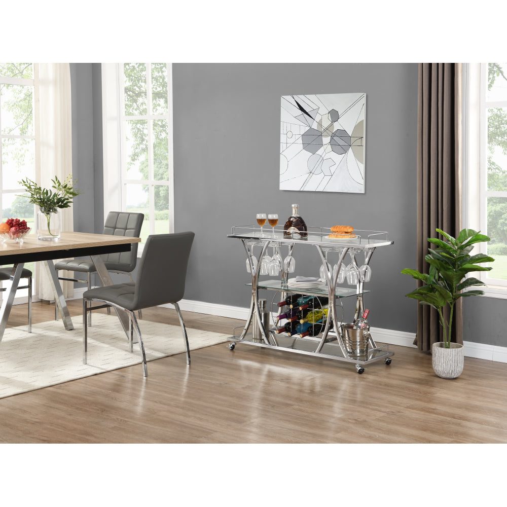 Contemporary Chrome Bar Cart with Wine Rack Silver Modern Glass Metal Frame Wine Storage