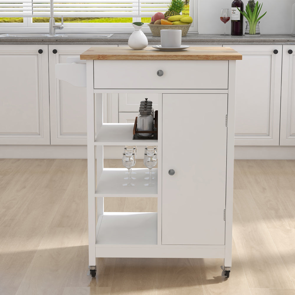 Kitchen island rolling trolley cart with 1 drawer & 2 doors with storage racks & Adjustable Shelves & towel rack & seasoning rack rubber wood table top-White