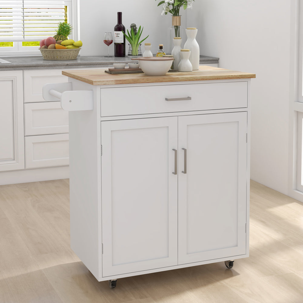 Kitchen island rolling trolley cart with 1 drawer & 2 doors with storage racks & Adjustable Shelves & towel rack & seasoning rack rubber wood table top-White