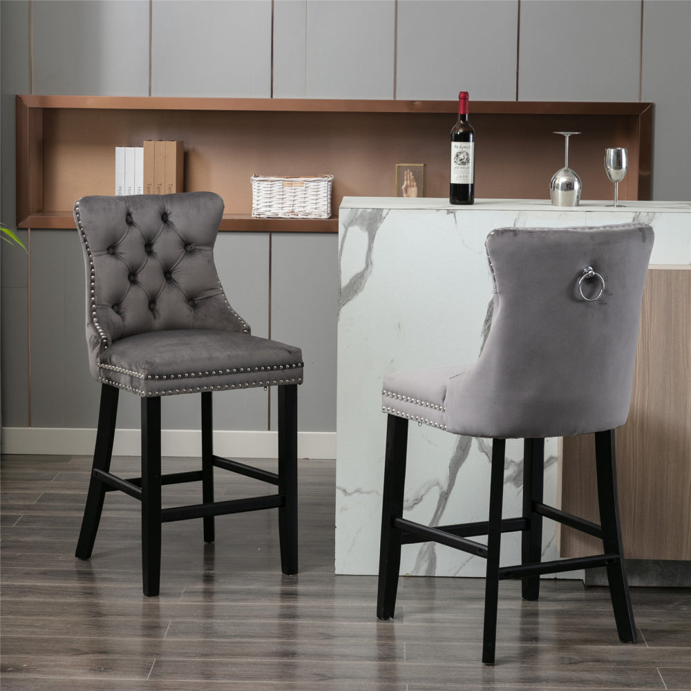 Contemporary Velvet Upholstered Barstools with Button Tufted Decoration and Wooden Legs, and Chrome Nailhead Trim, Leisure Style Bar Chairs,Bar stools, Set of 2 (Golden),SW2002GL