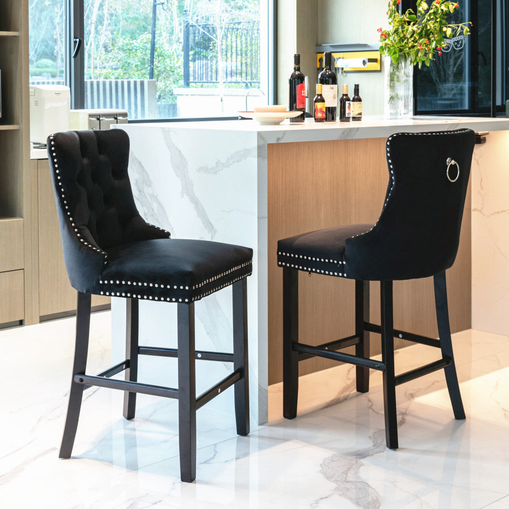 Contemporary Velvet Upholstered Barstools with Button Tufted Decoration and Wooden Legs, and Chrome Nailhead Trim, Leisure Style Bar Chairs,Bar stools, Set of 2 (Golden),SW2002GL