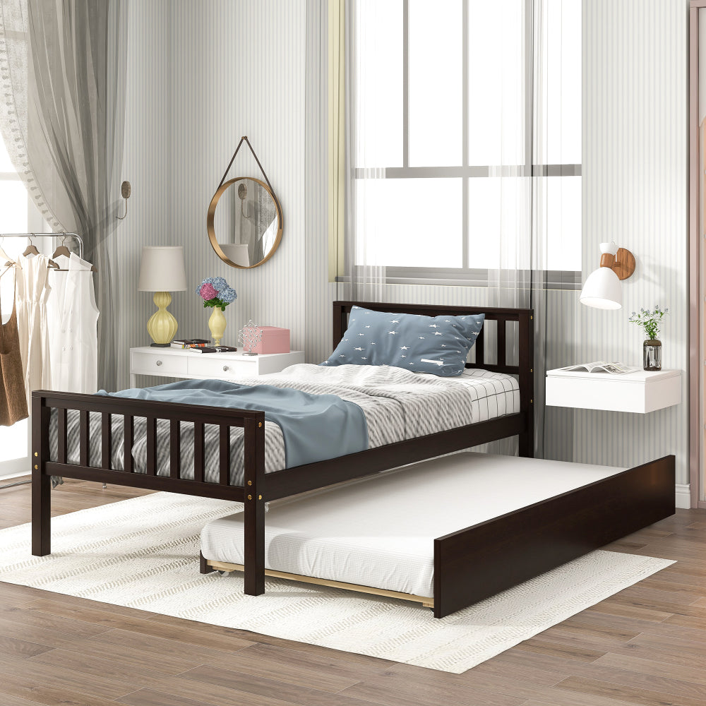 Twin Bed with Trundle, Platform Bed Frame with Headboard and Footboard, for Bedroom Small Living Space,No Box Spring Needed,White(New SKU:W504P148532)