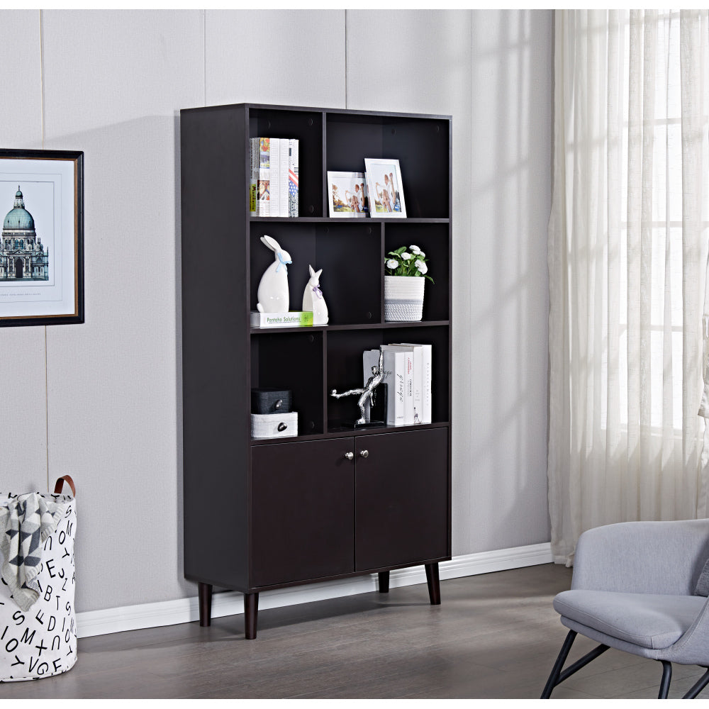 67" Bookcase with Doors, 3-tier Bookshelf, Coffee