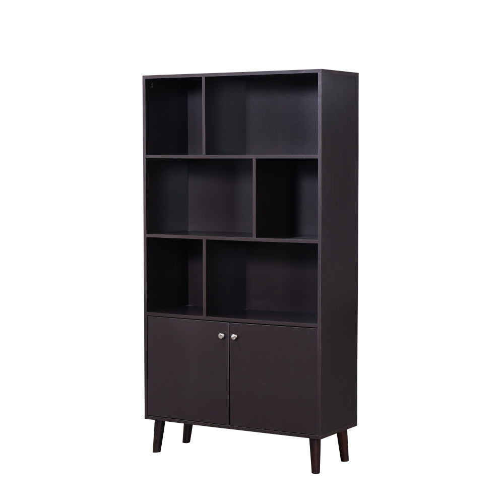 67" Bookcase with Doors, 3-tier Bookshelf, Coffee