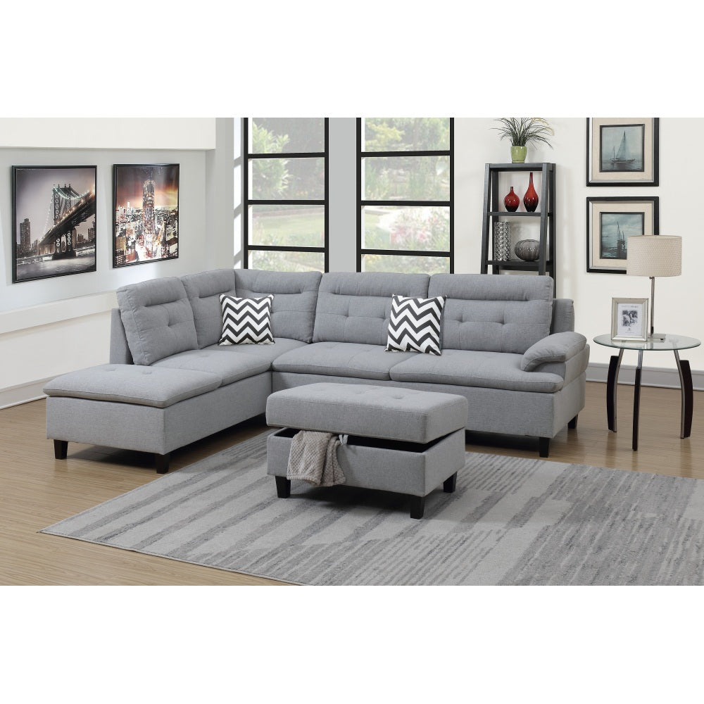 Living Room Furniture Grey Cushion Sectional w Ottoman Linen Like Fabric Sofa Chaise