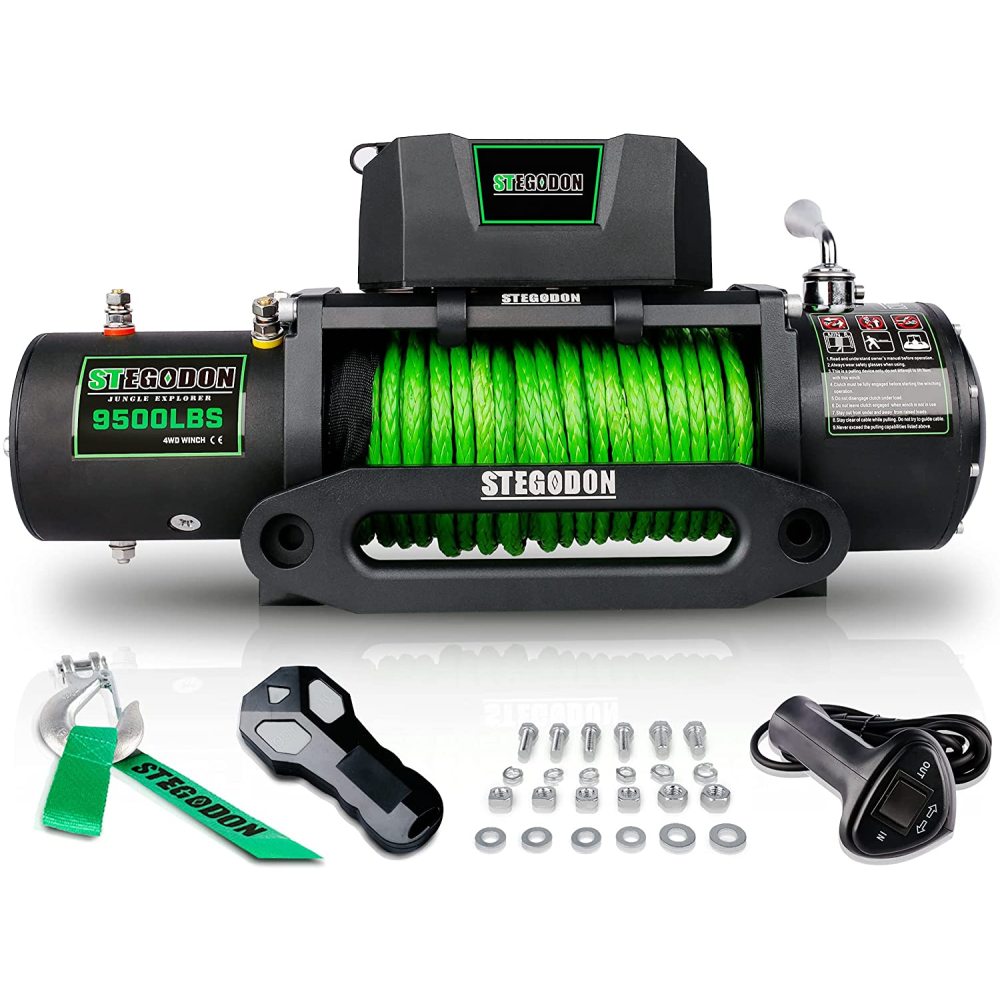 STEGODON New 9500 lb. Load Capacity Electric Winch S3,12V Waterproof IP67 Electric Winch with Hawse Fairlead, Synthetic Rope Winch with Wireless Handheld Remote and Wired Handle(Green-Rope)