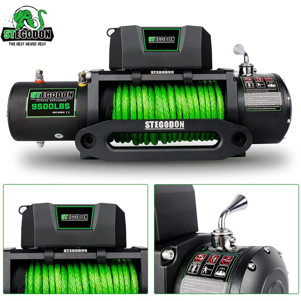 STEGODON New 9500 lb. Load Capacity Electric Winch S3,12V Waterproof IP67 Electric Winch with Hawse Fairlead, Synthetic Rope Winch with Wireless Handheld Remote and Wired Handle(Green-Rope)