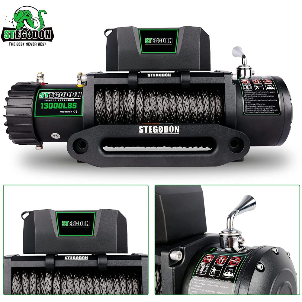 STEGODON New 13000 LBS Electric Winch T3,12V Synthetic Rope with Wireless Handheld Remotes and Wired Handle