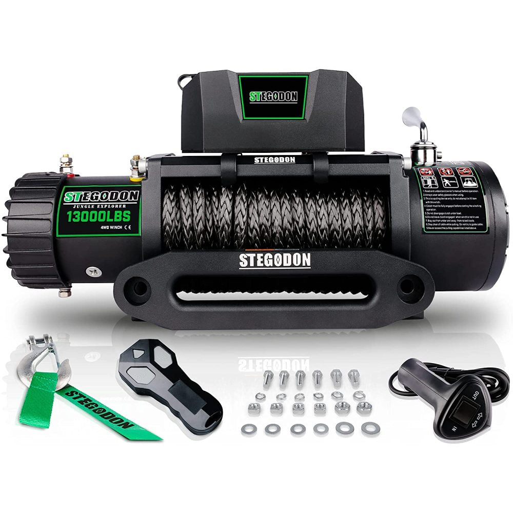 STEGODON New 13000 LBS Electric Winch T3,12V Synthetic Rope with Wireless Handheld Remotes and Wired Handle