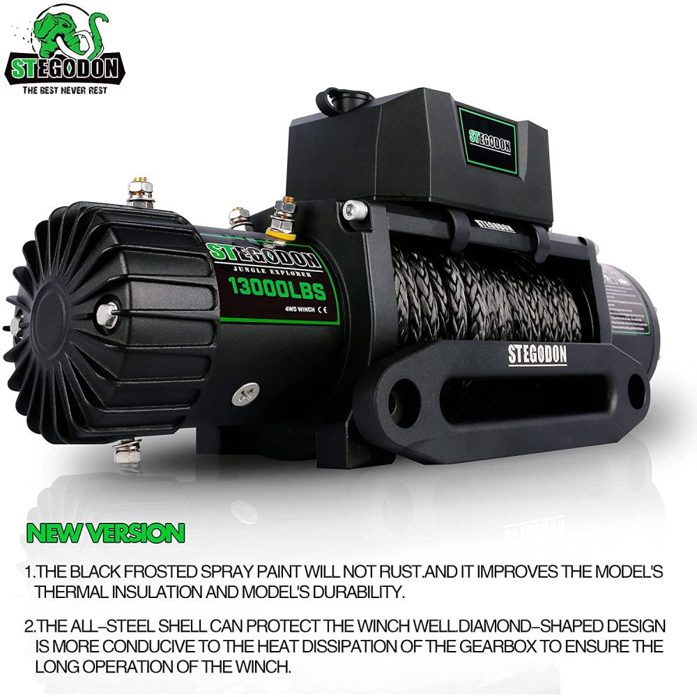 STEGODON New 13000 LBS Electric Winch T3,12V Synthetic Rope with Wireless Handheld Remotes and Wired Handle