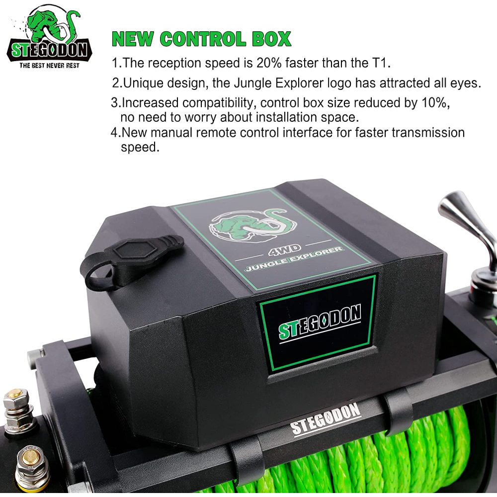 STEGODON New 9500 lb. Load Capacity Electric Winch S3,12V Waterproof IP67 Electric Winch with Hawse Fairlead, Synthetic Rope Winch with Wireless Handheld Remote and Wired Handle(Green-Rope)