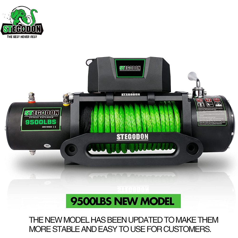 STEGODON New 9500 lb. Load Capacity Electric Winch S3,12V Waterproof IP67 Electric Winch with Hawse Fairlead, Synthetic Rope Winch with Wireless Handheld Remote and Wired Handle(Green-Rope)