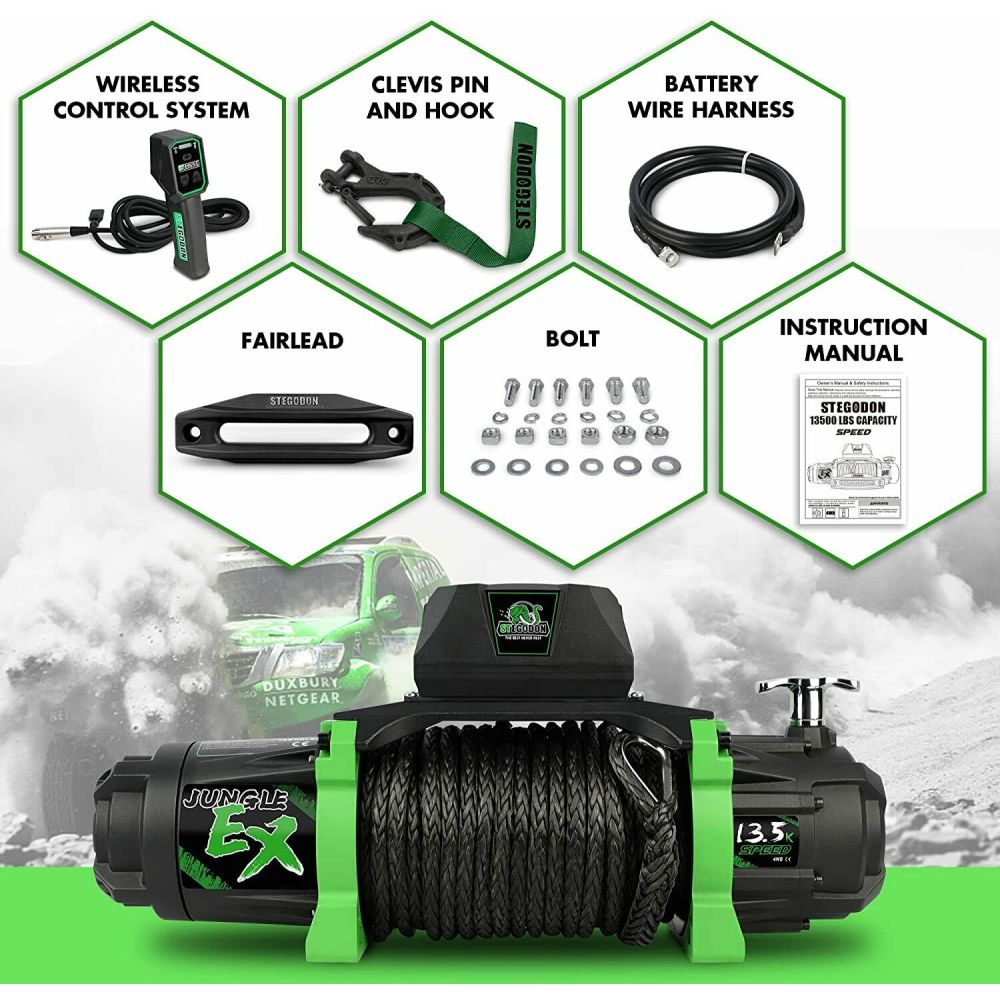 STEGODON Electric Winch 13500lb 12V Synthetic Rope Towing Truck Jeep Off-Road