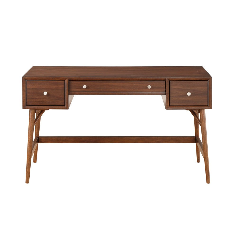 Brown Finish Stylish Writing Desk Storage Drawers Nickel Knob Hardware Walnut Veneer Wood Furniture
