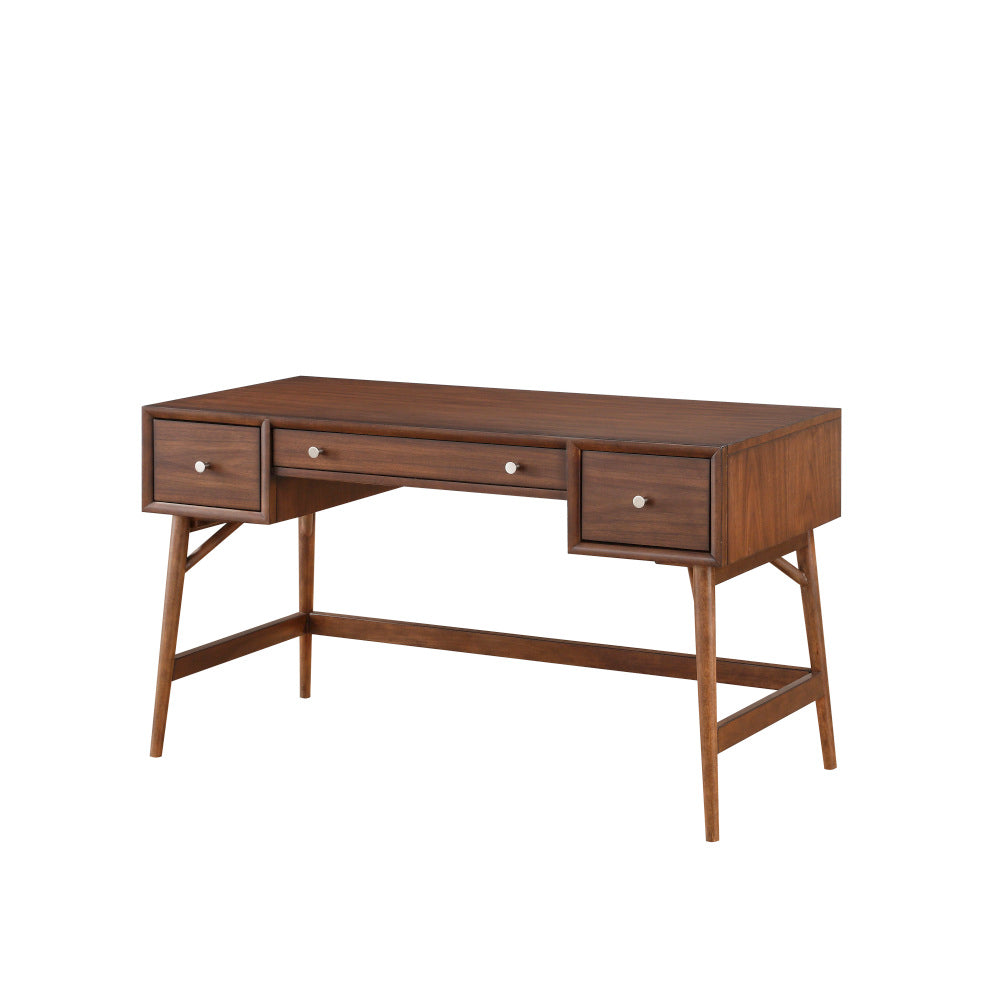 Brown Finish Stylish Writing Desk Storage Drawers Nickel Knob Hardware Walnut Veneer Wood Furniture