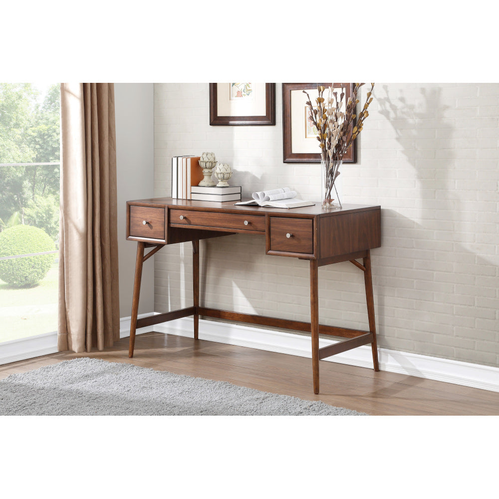 Brown Finish Stylish Writing Desk Storage Drawers Nickel Knob Hardware Walnut Veneer Wood Furniture