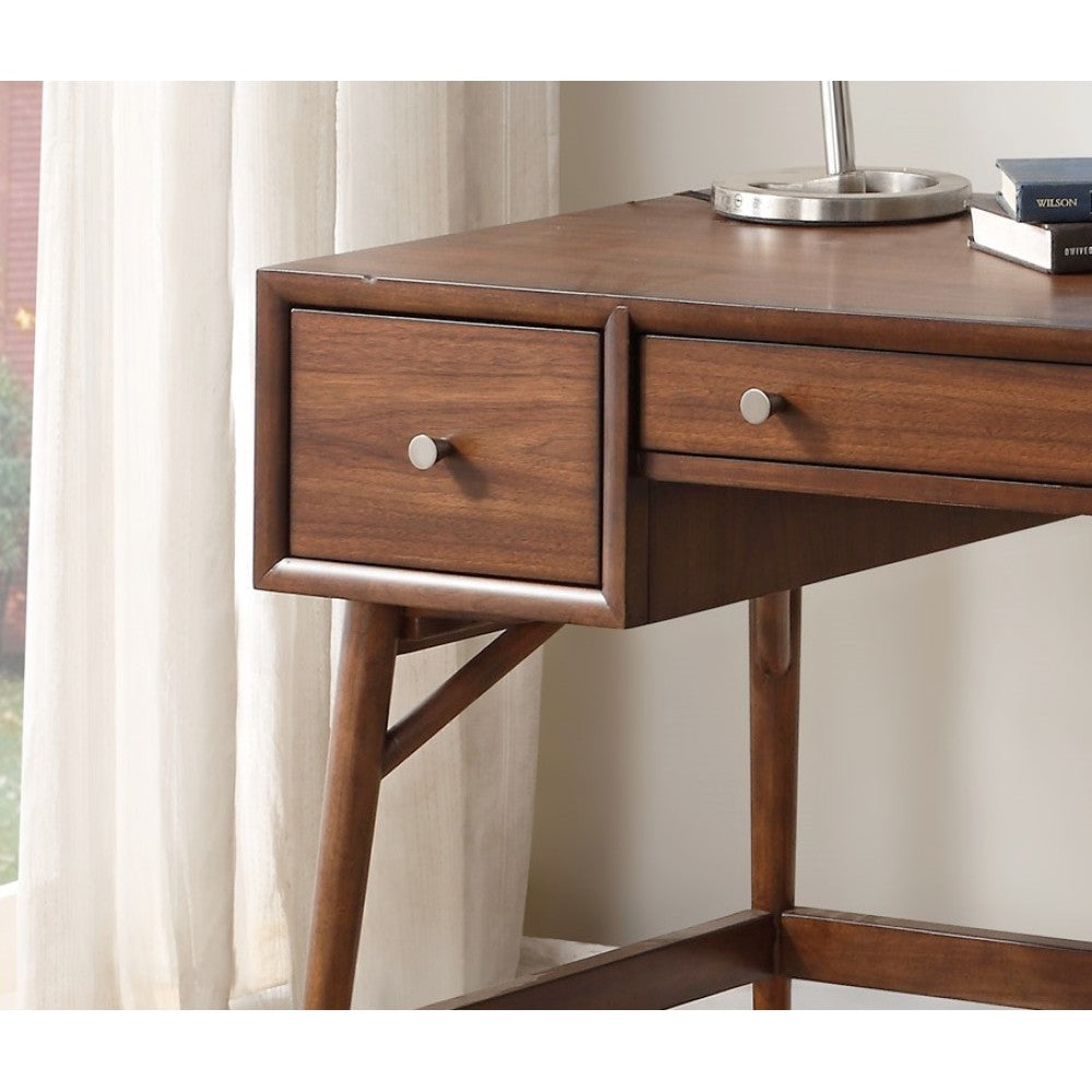 Brown Finish Stylish Writing Desk Storage Drawers Nickel Knob Hardware Walnut Veneer Wood Furniture