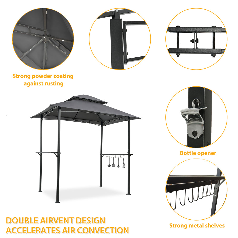 Outdoor Grill Gazebo 8 x 5 Ft, Shelter Tent, Double Tier Soft Top Canopy and Steel Frame with hook and Bar Counters, Grey