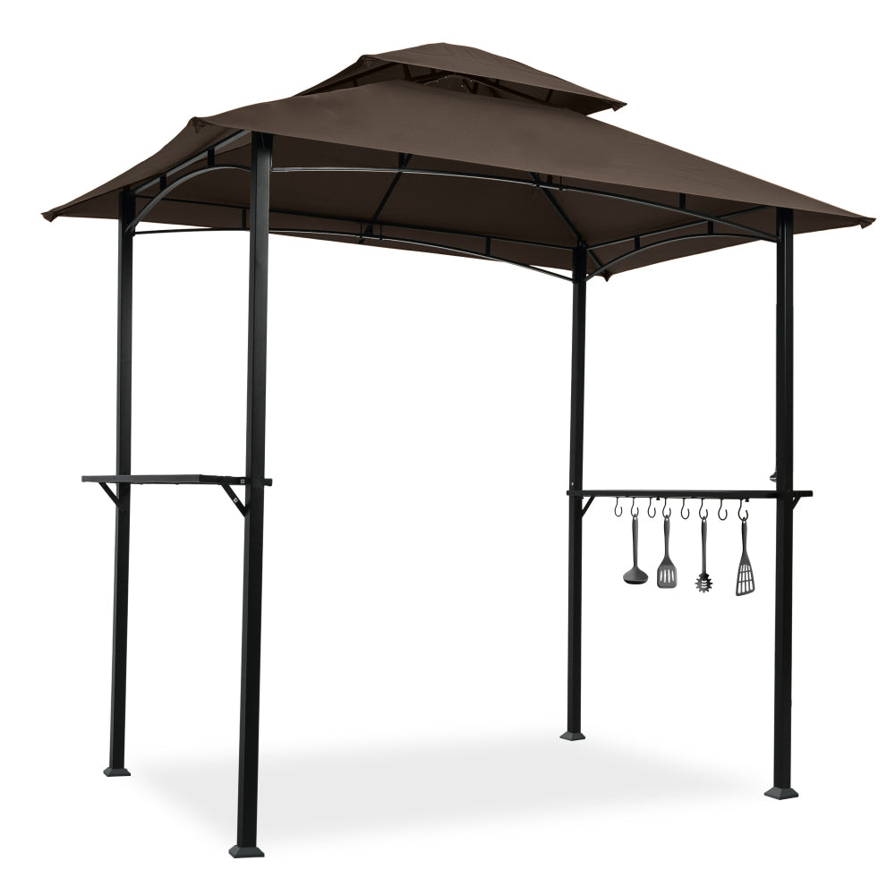 Outdoor Grill Gazebo 8 x 5 Ft, Shelter Tent, Double Tier Soft Top Canopy and Steel Frame with hook and Bar Counters, Grey