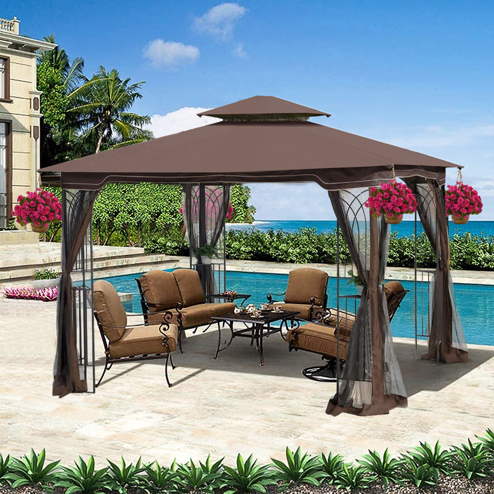 10x10 Outdoor Patio Gazebo Canopy Tent With Ventilated Double Roof And Mosquito net(Detachable Mesh Screen On All Sides),Suitable for Lawn, Garden, Backyard and Deck,Brown Top