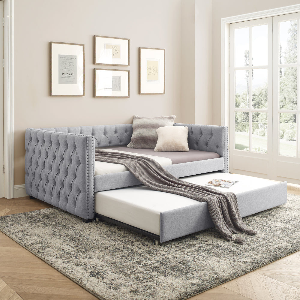 Daybed with Trundle Upholstered Tufted Sofa Bed, with Button and Copper Nail on Square Arms,both Twin Size, Beige(85"x42.5"x31.5")