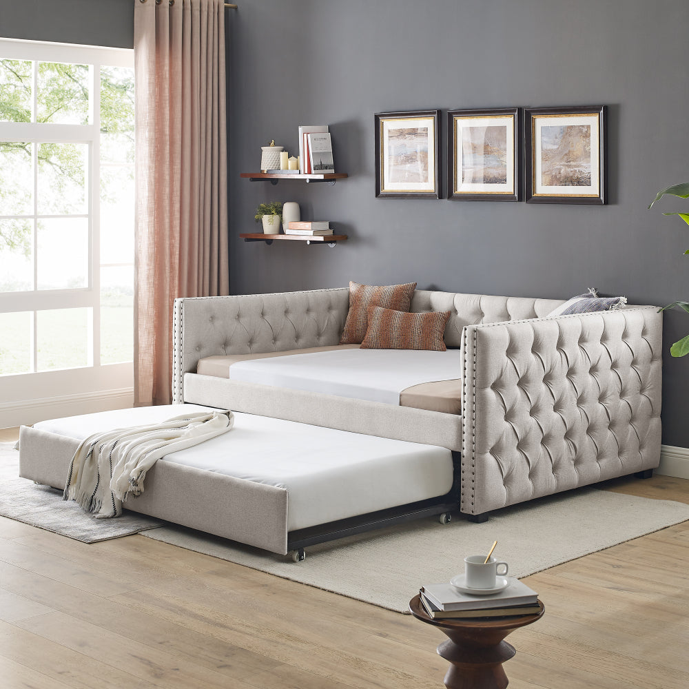 Daybed with Trundle Upholstered Tufted Sofa Bed, with Button and Copper Nail on Square Arms,both Twin Size, Beige(85"x42.5"x31.5")