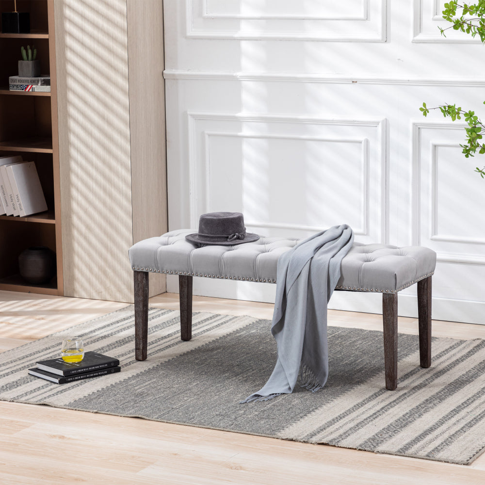 Heng Ming Upholstered Tufted Bench Ottoman , Velvet Dining Bench Bedroom Bench  Footrest Stool Accent Bench for Entryway Dining Room Living Room, Light gray