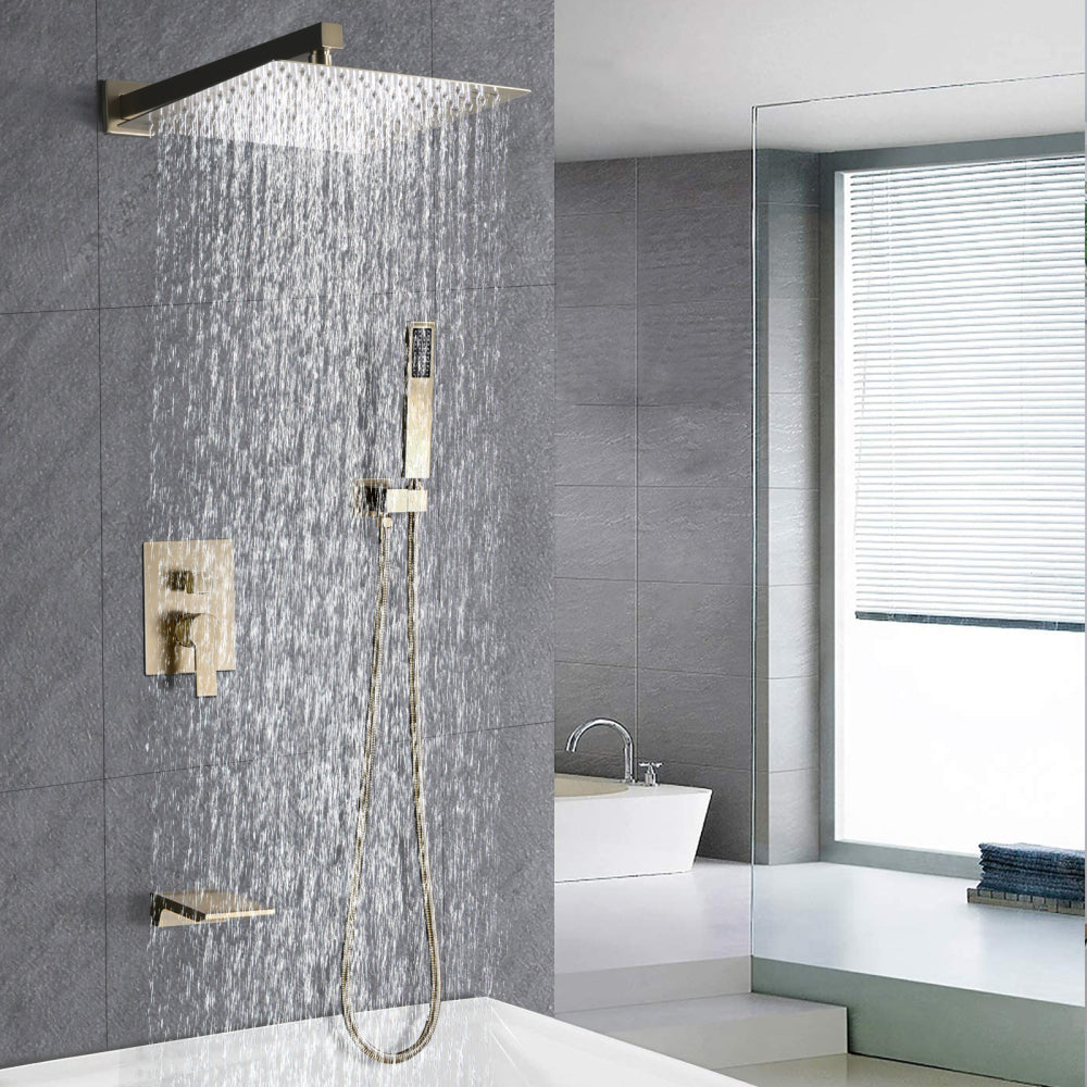 Shower System Bathroom Luxury 12 Inch Rain Shower Head with Handheld Mixer Shower Combo Set Wall Mounted Shower Faucet Trim with Valve Brushed Gold