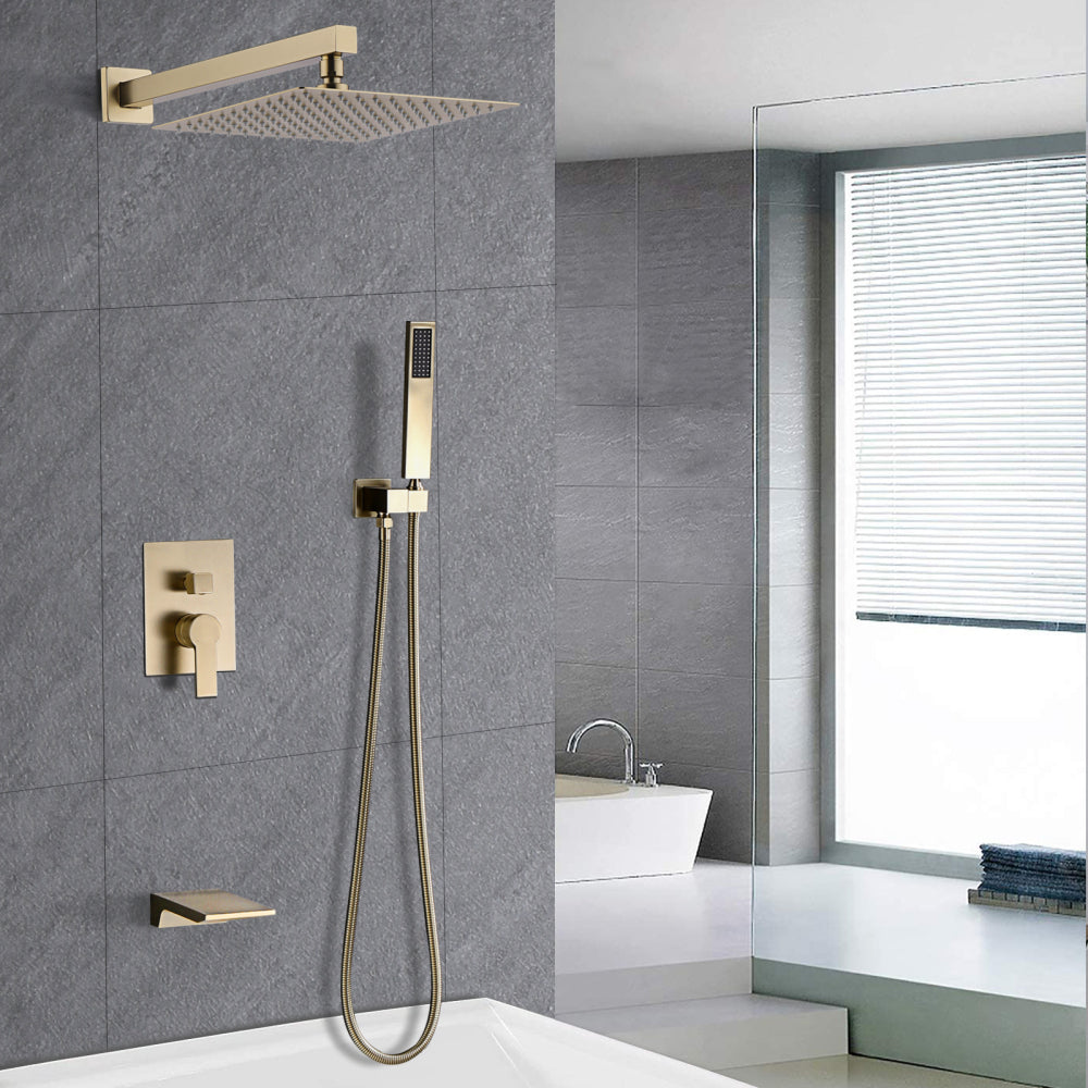Shower System Bathroom Luxury 12 Inch Rain Shower Head with Handheld Mixer Shower Combo Set Wall Mounted Shower Faucet Trim with Valve Brushed Gold