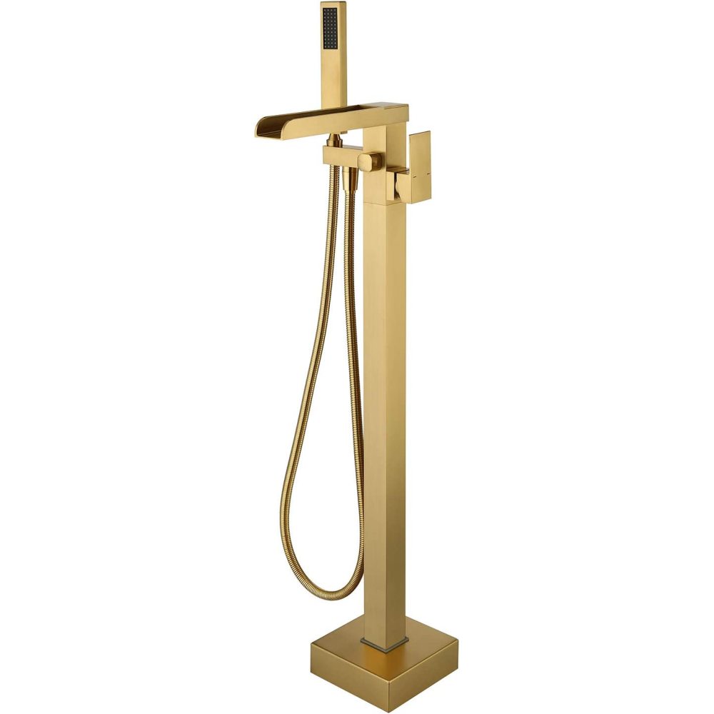 Bathroom Freestanding Waterfall Tub filler Brushed Nickel Floor Mount Faucet with Hand Shower