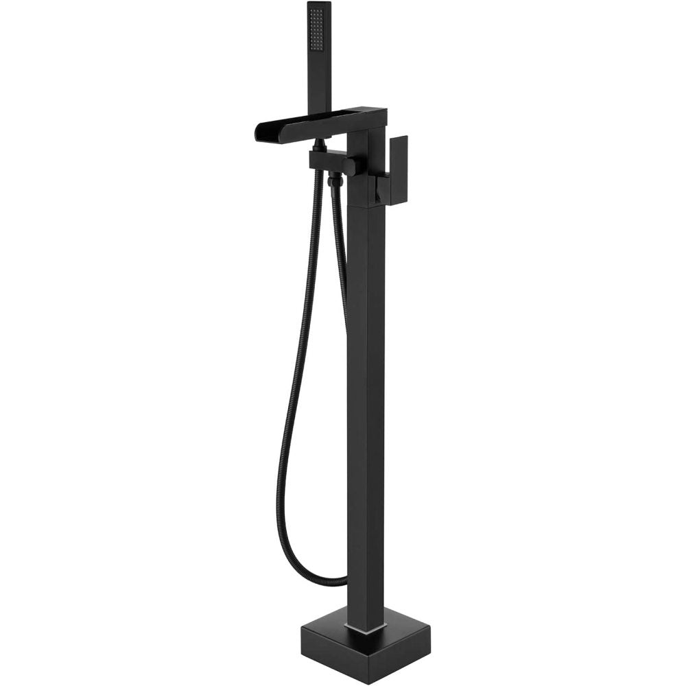 Bathroom Freestanding Waterfall Tub filler Brushed Nickel Floor Mount Faucet with Hand Shower