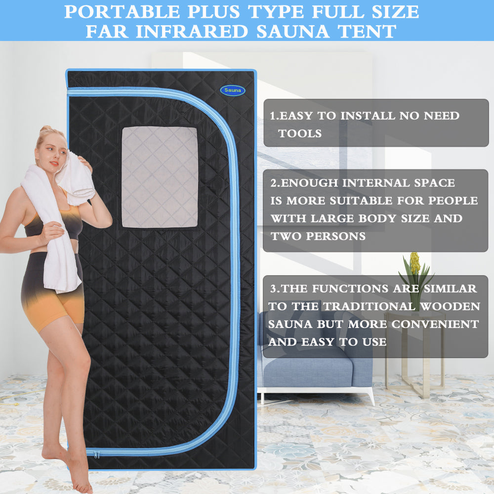 Portable Plus Type Full Size Far Infrared Sauna tent. Spa, Detox ,Therapy and Relaxation at home.Larger Space,Stainless Steel Pipes Connector Easy to Install.FCC Certification--Black(Blue binding)