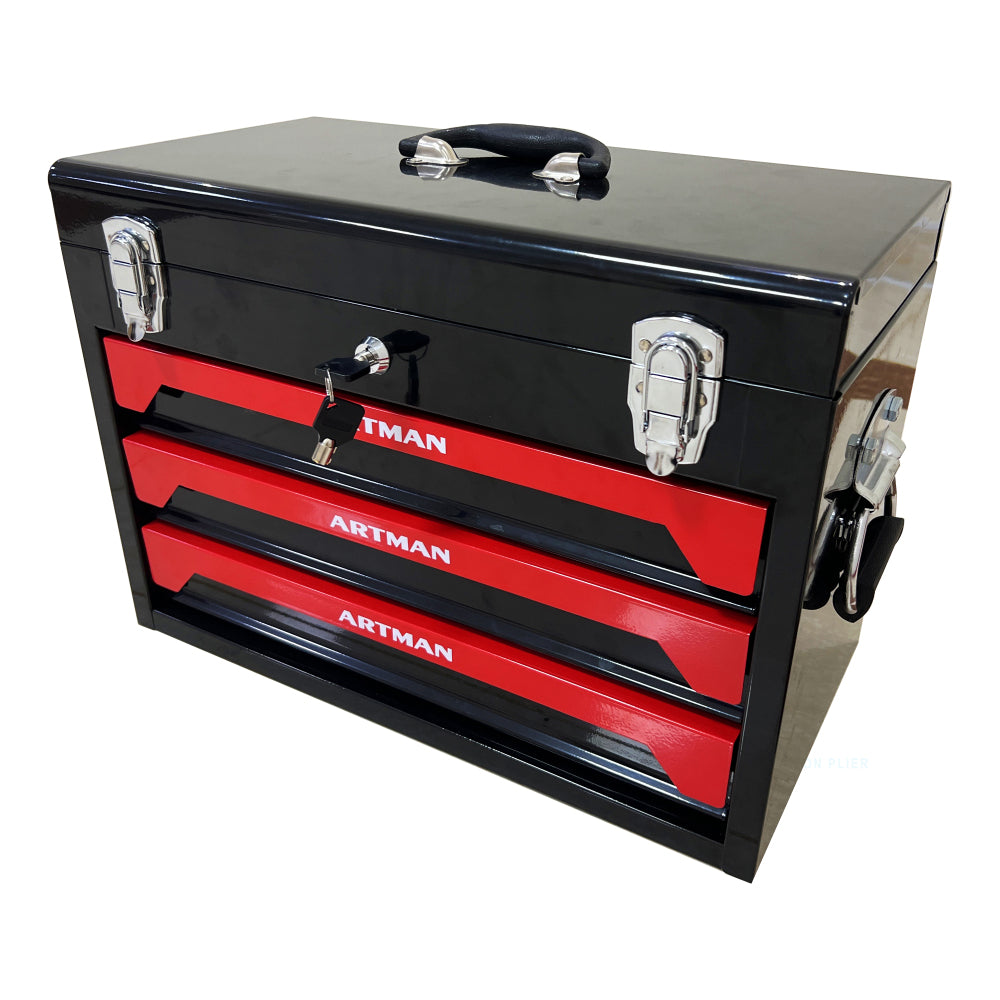 20'' Portable 3-Drawer Steel Toolbox, 4 Layers of Tools with Metal Latches, with Top Storage Tray and carrying Handle, Multi-Function Tool Storage for Garage, Home, or Workbench ,Black&Red