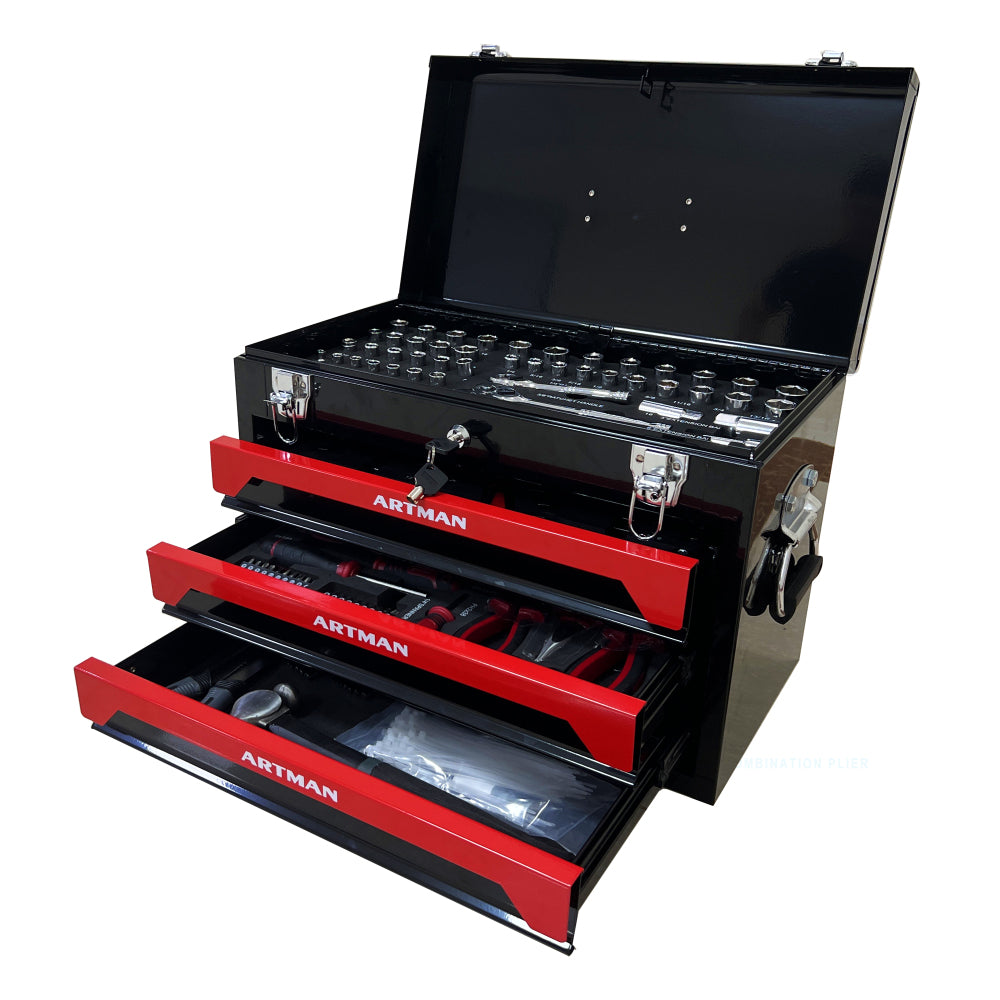 20'' Portable 3-Drawer Steel Toolbox, 4 Layers of Tools with Metal Latches, with Top Storage Tray and carrying Handle, Multi-Function Tool Storage for Garage, Home, or Workbench ,Black&Blue