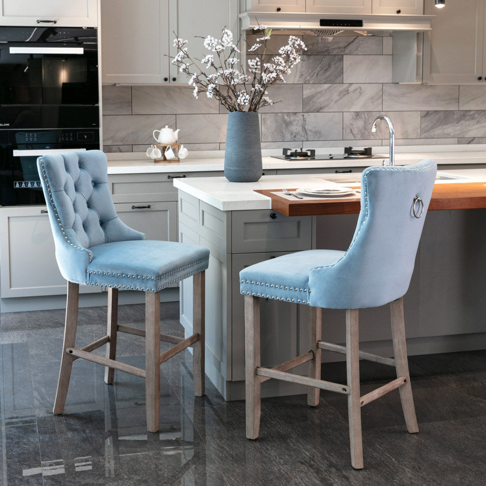 Contemporary Velvet Upholstered Barstools with Button Tufted Decoration and Wooden Legs, and Chrome Nailhead Trim, Leisure Style Bar Chairs,Bar stools, Set of 2 (Golden),SW2002GL