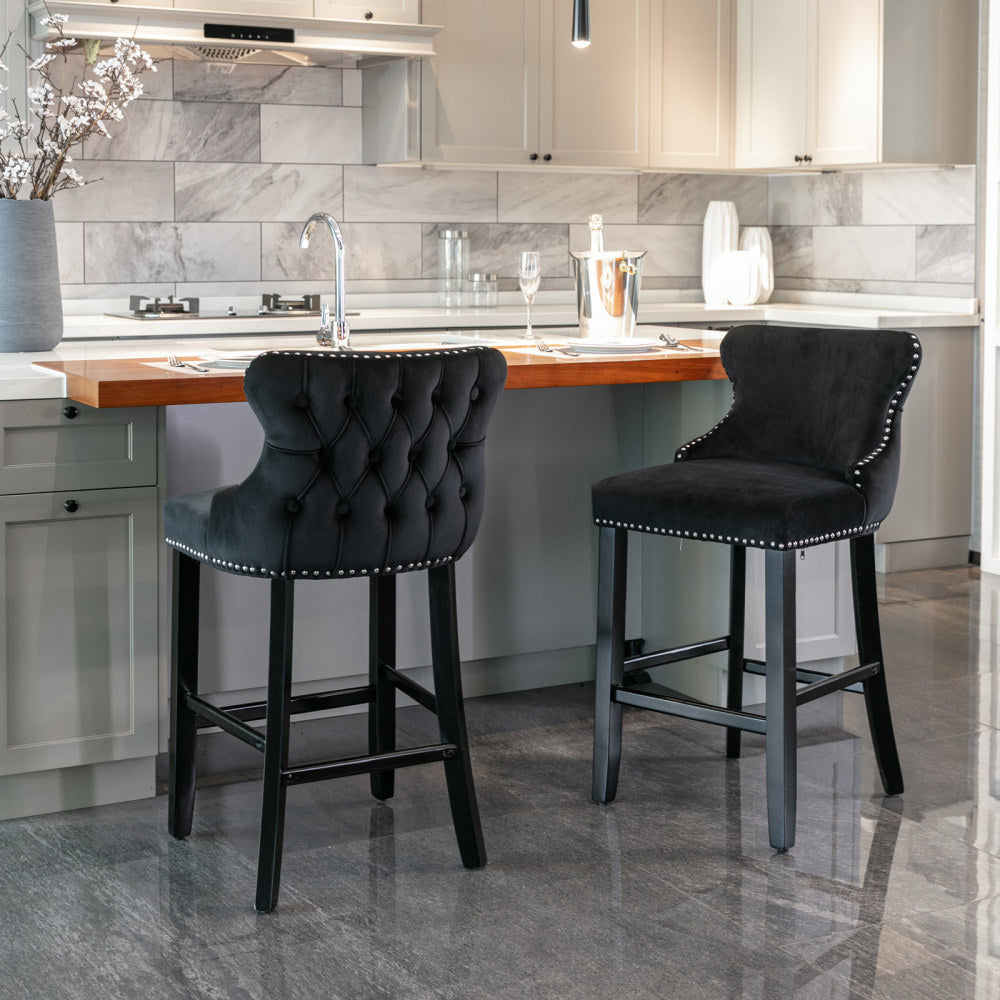 Contemporary Velvet Upholstered Wing-Back Barstools with Button Tufted Decoration and Wooden Legs, and Chrome Nailhead Trim, Leisure Style Bar Chairs,Bar stools, Set of 4 (Gray), SW1824GY x 2 cartons